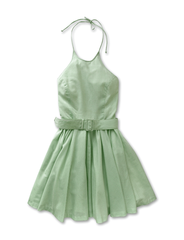 Vintage 60s Green Seersucker Belted Halter Dress