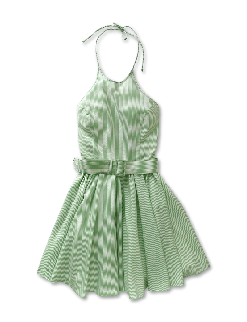 Vintage 60s Green Seersucker Belted Halter Dress