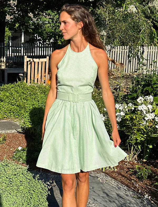 Vintage 60s Green Seersucker Belted Halter Dress