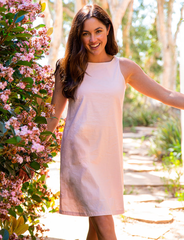 Pink linen dress with embroidery by Hibiscus Linens in Austin Texas